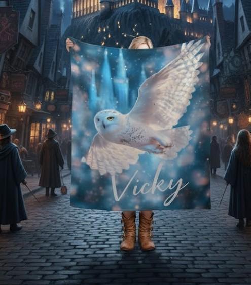 Personalized Wizarding Owl Blanket: Harry Potter Theme, Custom Flannel Fleece Name Throw