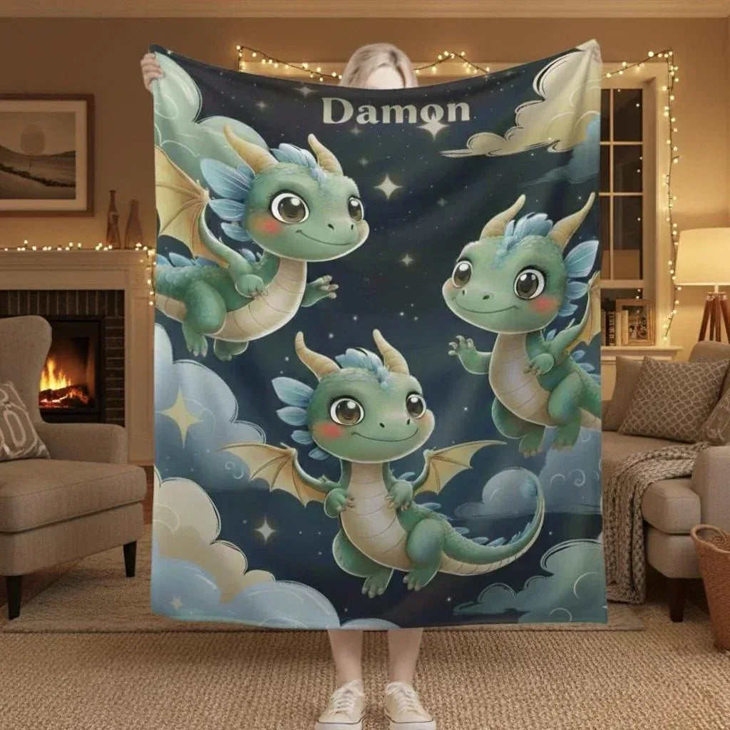 Personalized Green Dragon Blanket: Starry Night Bedroom Decor, Flannel Fleece Throw