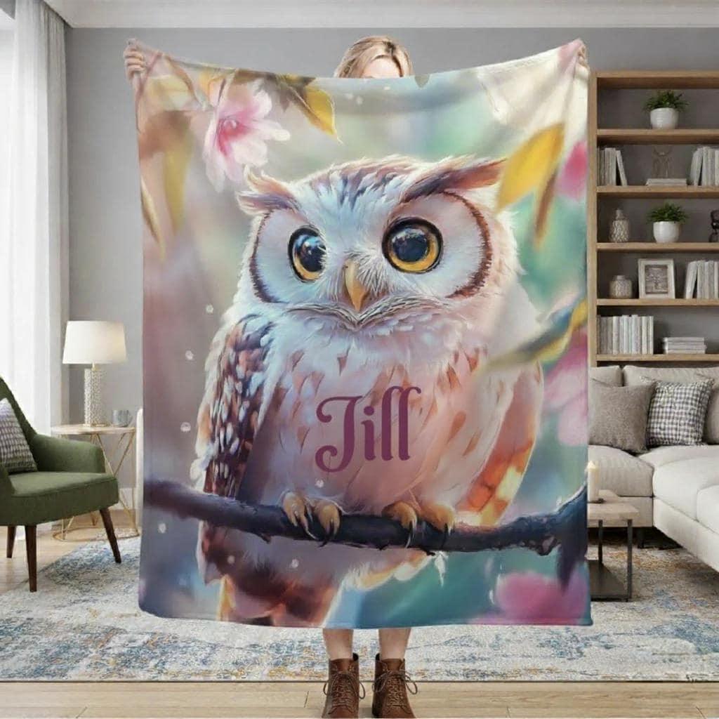 Personalized Owl Blanket: Magical Floral Fleece Throw, Soft Name Gift