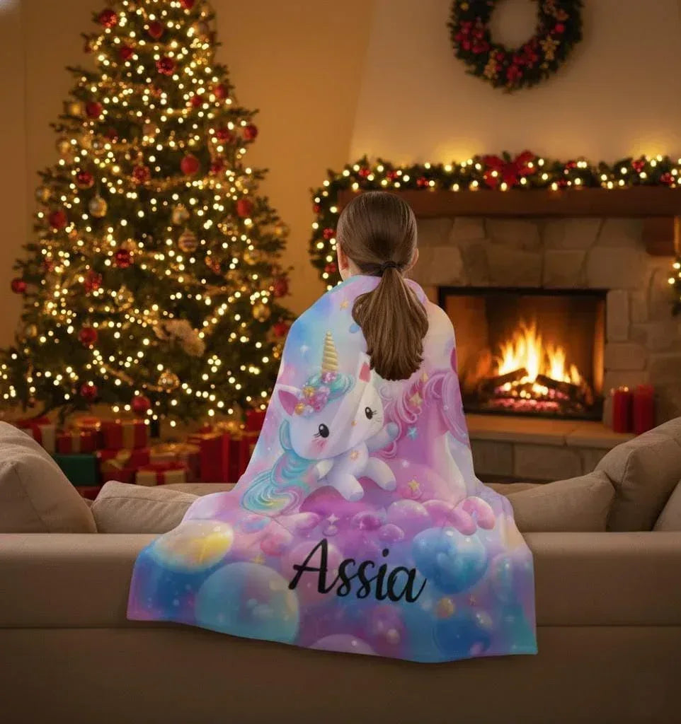 Personalized Kitty& Unicorn Fleece Blanket: Custom Name Throw, Soft Flannel