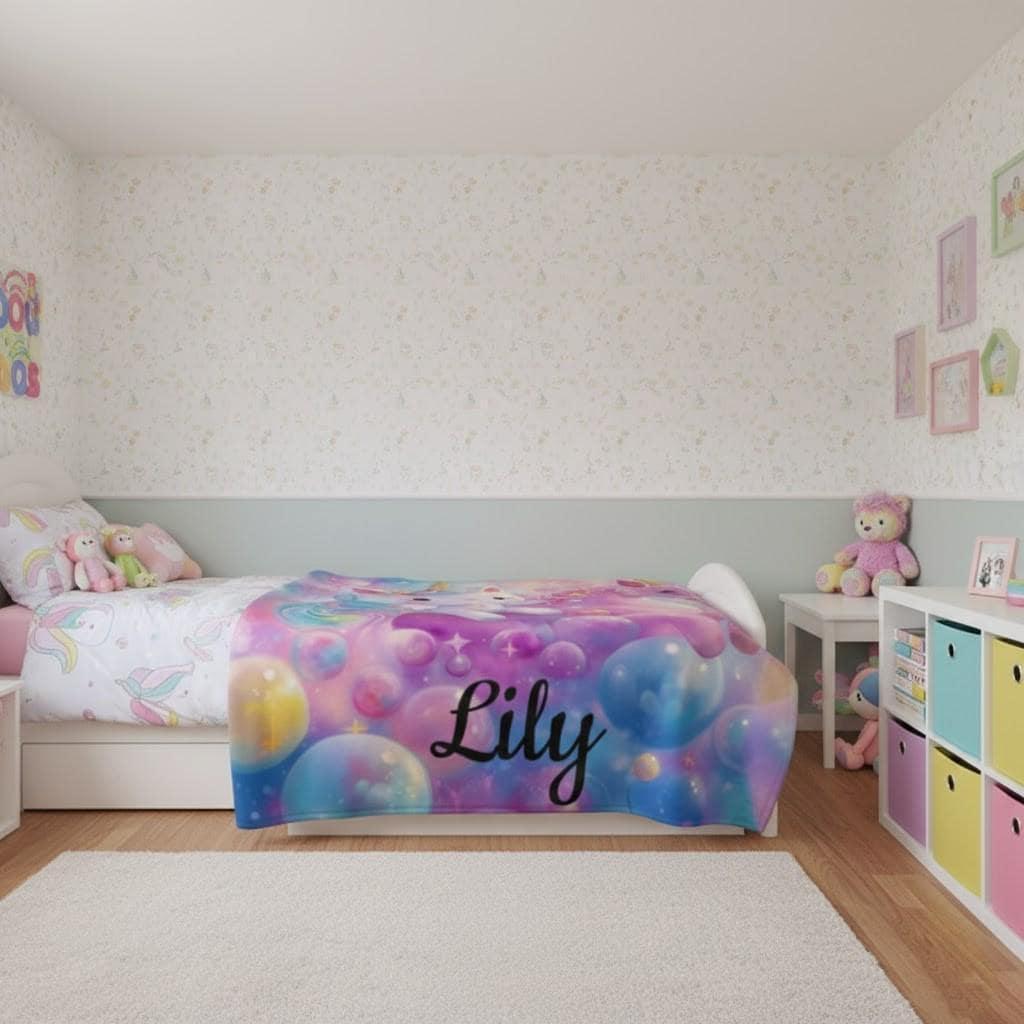 Personalized Kitty& Unicorn Fleece Blanket: Custom Name Throw, Soft Flannel