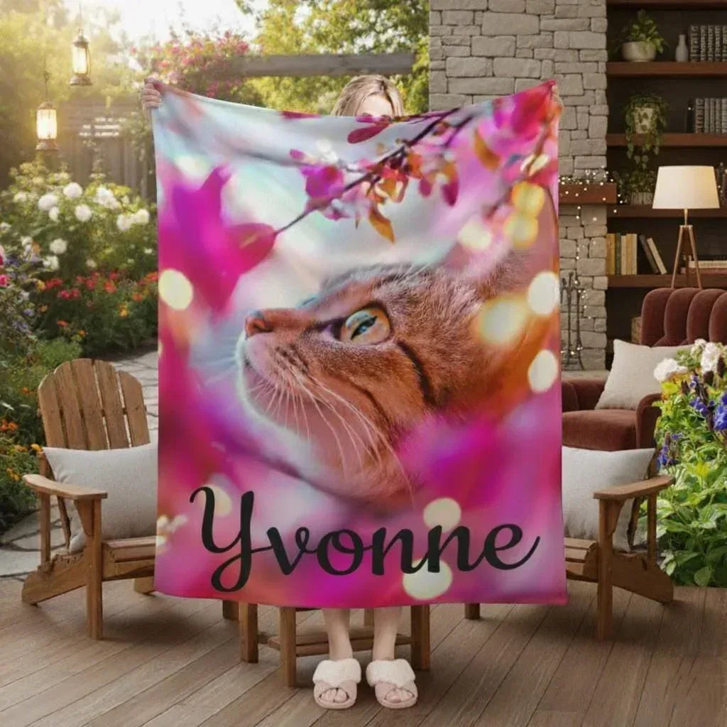 Personalized Cat Fleece Blanket: Pink Floral Kitty Design, Soft Custom Name Gift
