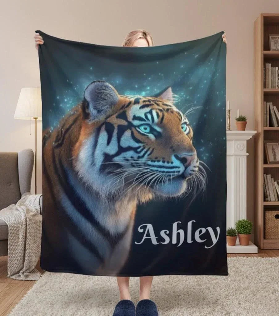 Personalized Tiger Blanket: Starry Night Jungle Throw, Soft Flannel Fleece Name Gift