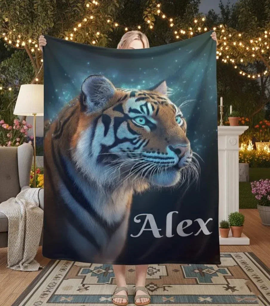 Personalized Tiger Blanket: Starry Night Jungle Throw, Soft Flannel Fleece Name Gift