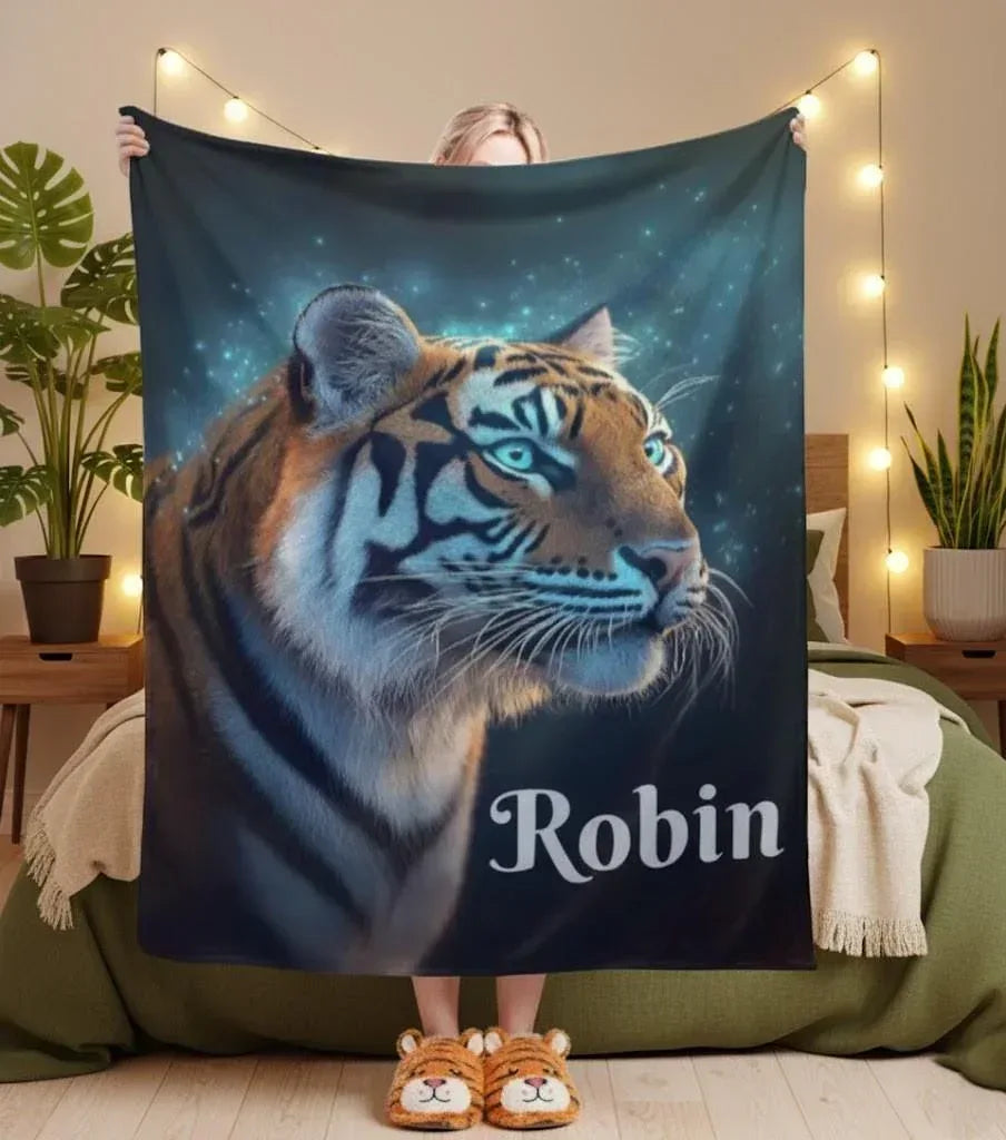 Personalized Tiger Blanket: Starry Night Jungle Throw, Soft Flannel Fleece Name Gift