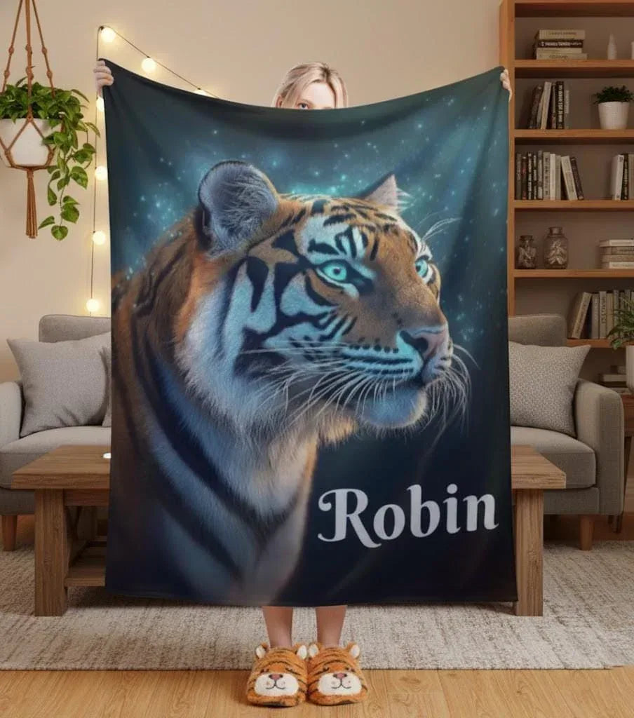 Personalized Tiger Blanket: Starry Night Jungle Throw, Soft Flannel Fleece Name Gift