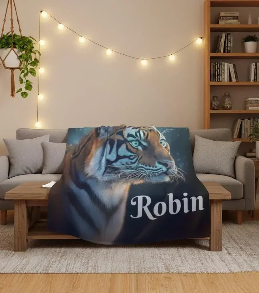 Personalized Tiger Blanket: Starry Night Jungle Throw, Soft Flannel Fleece Name Gift