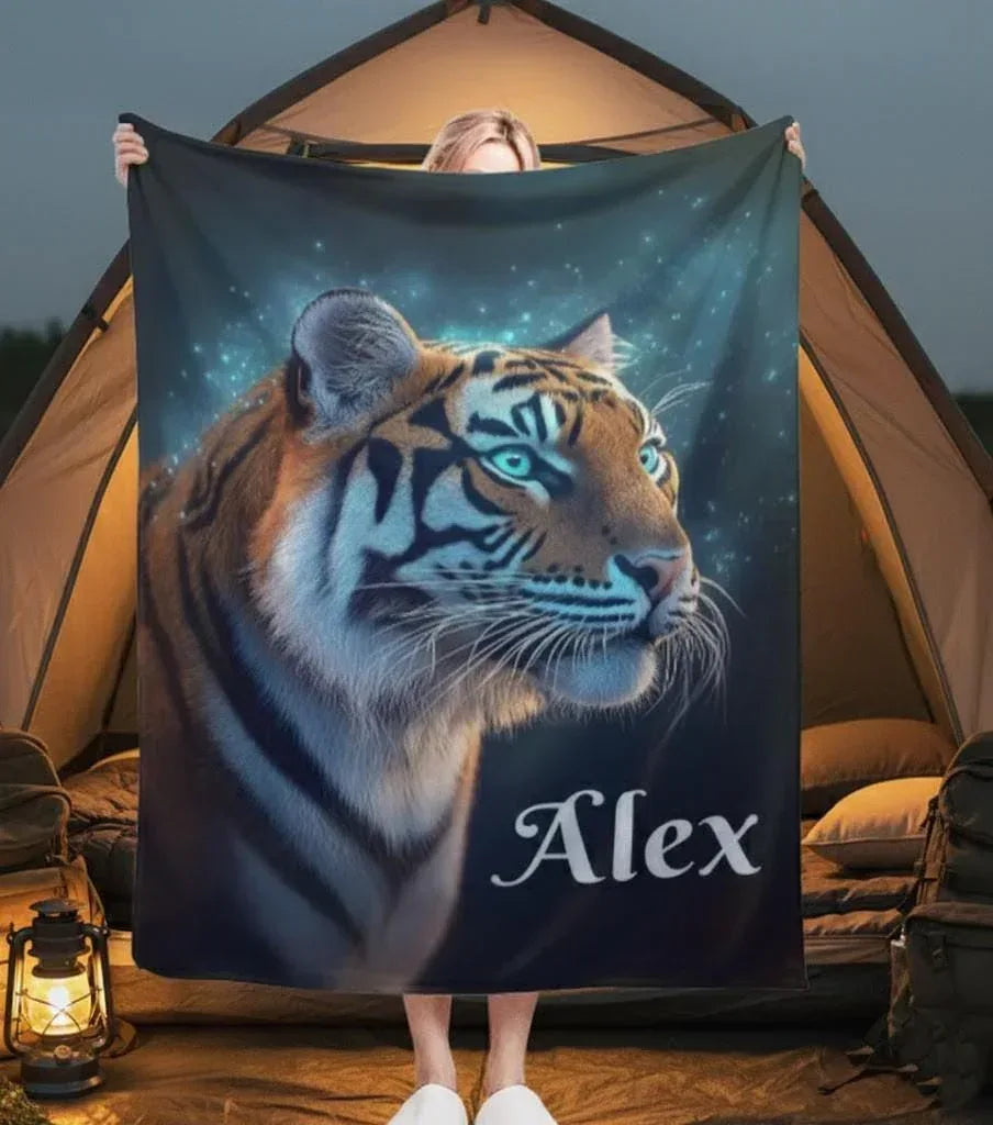 Personalized Tiger Blanket: Starry Night Jungle Throw, Soft Flannel Fleece Name Gift