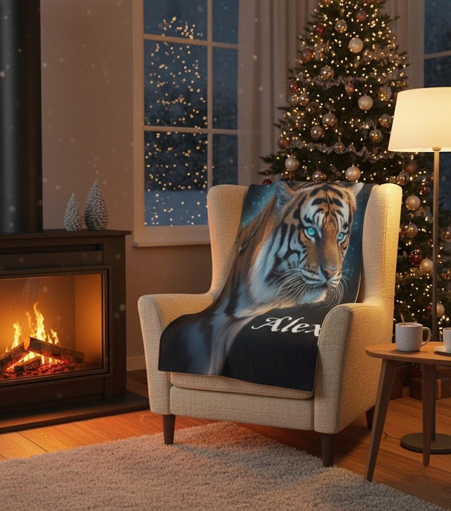 Personalized Tiger Blanket: Starry Night Jungle Throw, Soft Flannel Fleece Name Gift