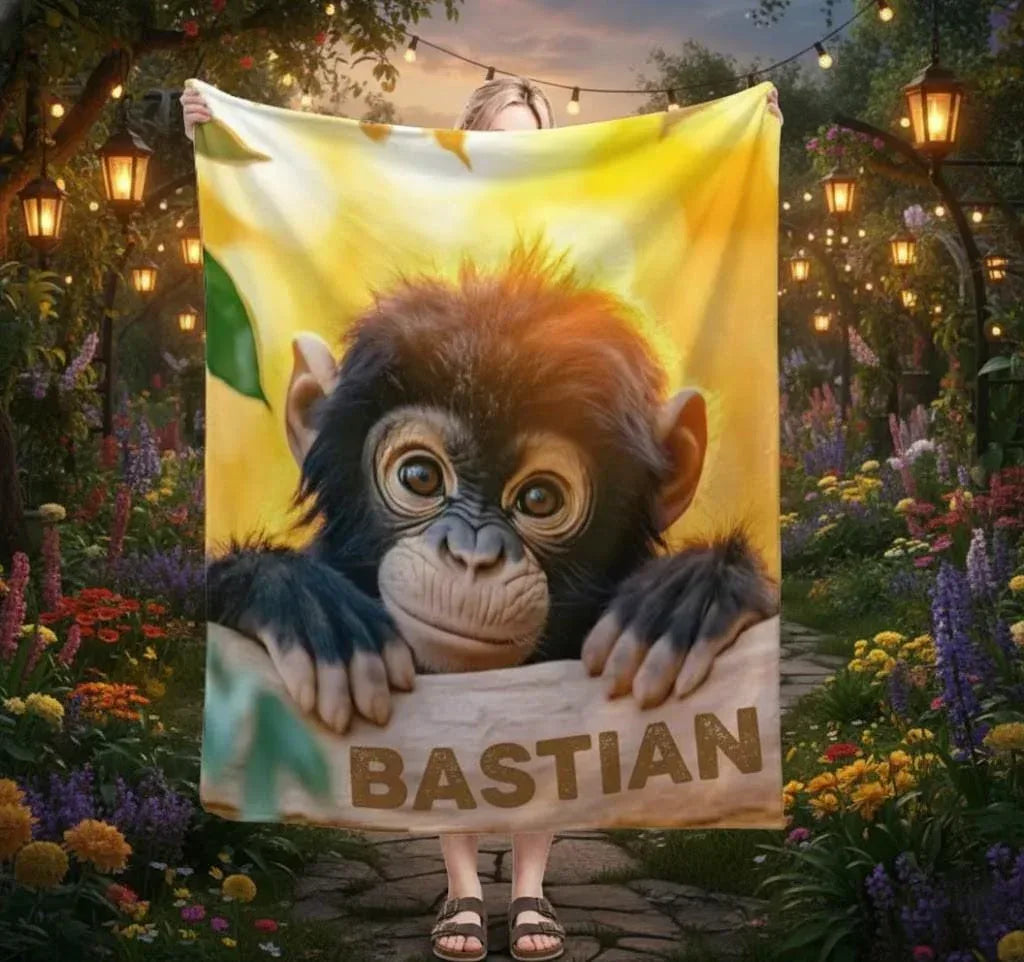 Personalized Baby Chimpanzee Blanket: Jungle Nursery Throw, Super Soft Name Gift
