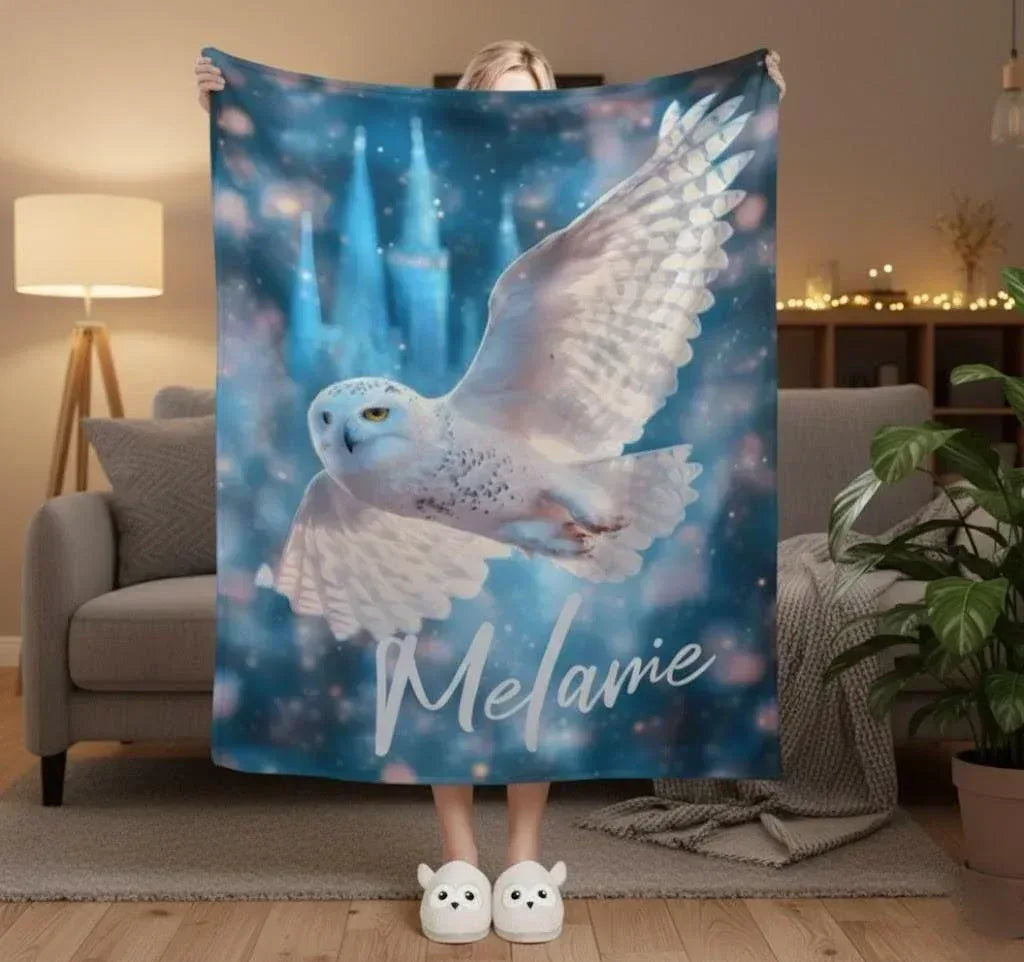 Personalized Wizarding Owl Blanket: Harry Potter Theme, Custom Flannel Fleece Name Throw