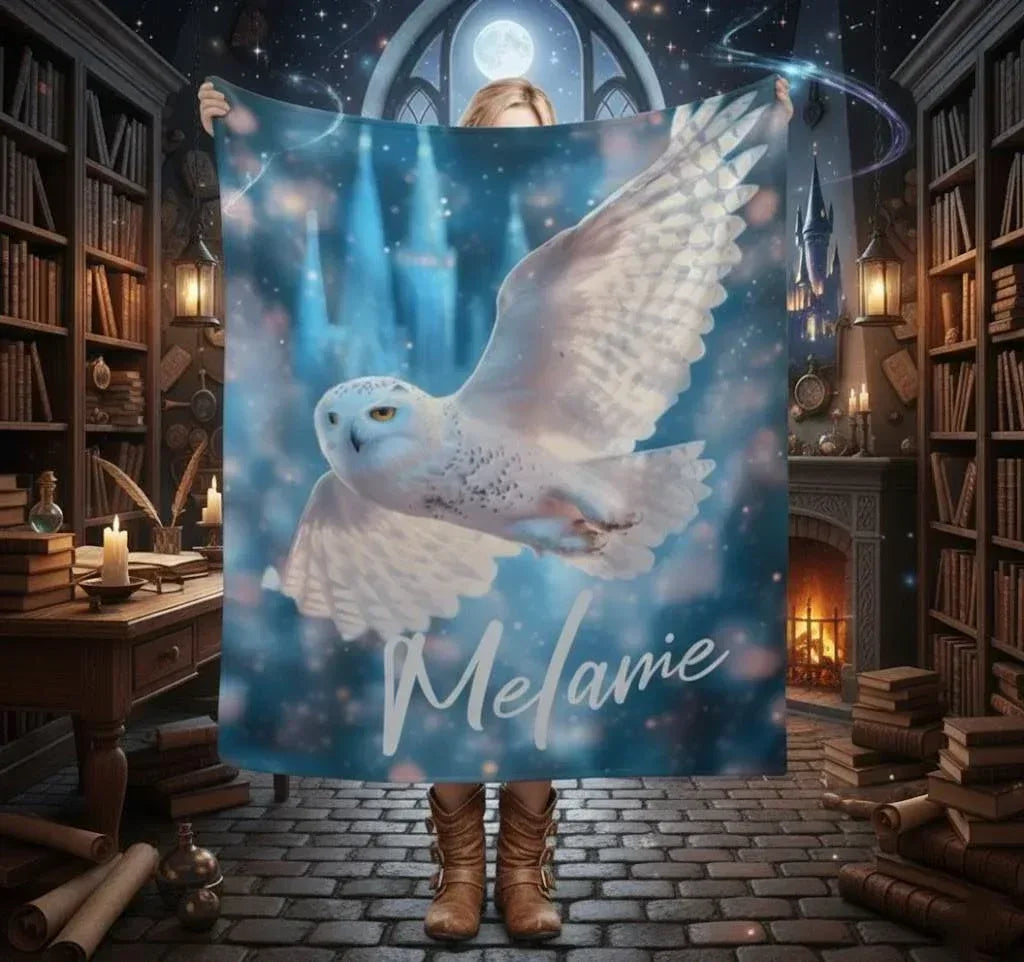 Personalized Wizarding Owl Blanket: Harry Potter Theme, Custom Flannel Fleece Name Throw