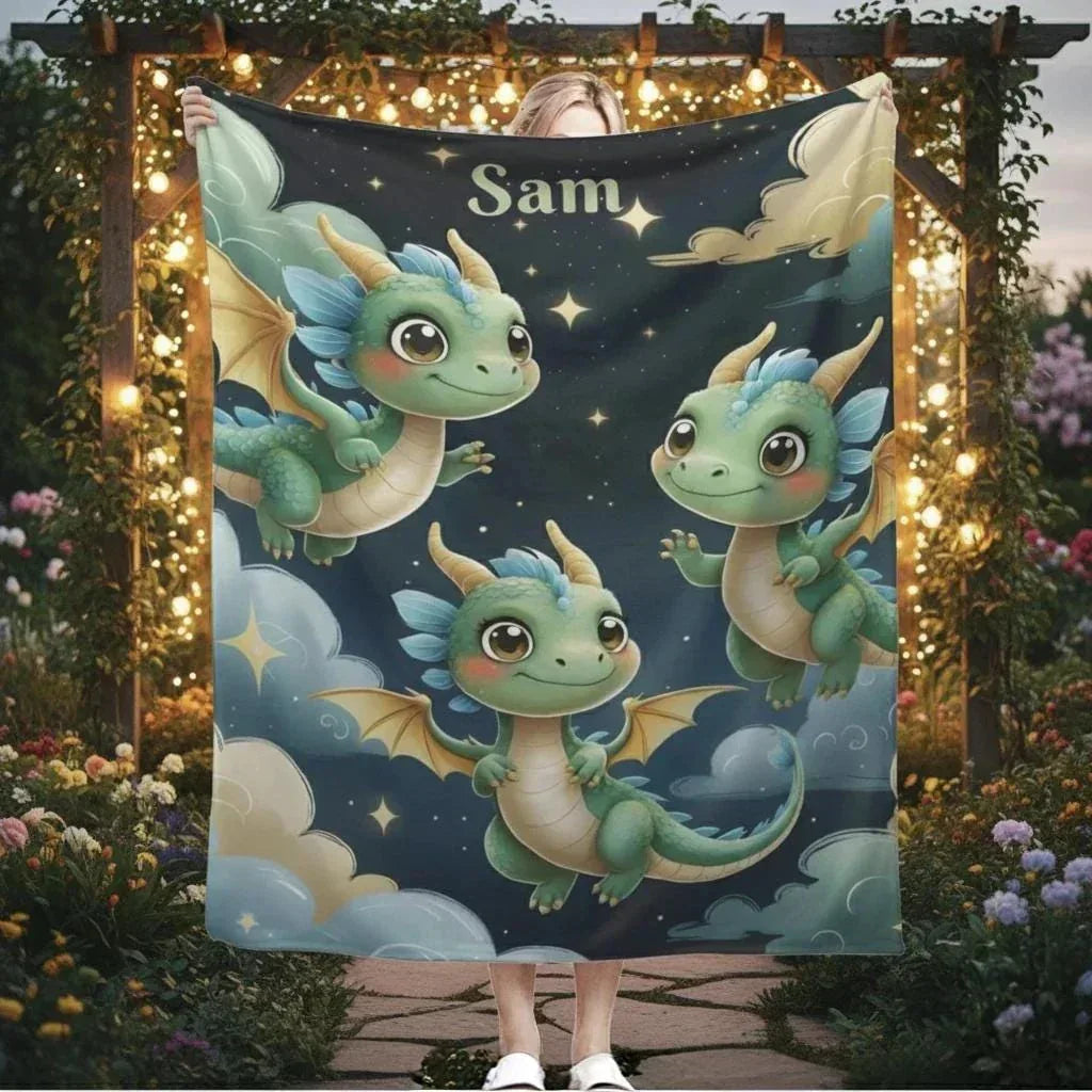 Personalized Green Dragon Blanket: Starry Night Bedroom Decor, Flannel Fleece Throw