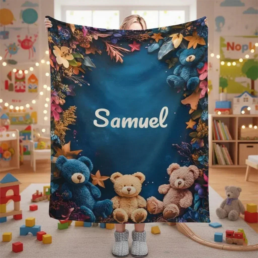 Personalized Teddy Bear Plush Blanket: Soft Flannel Fleece, Autumn Leaves, Custom Name Gift