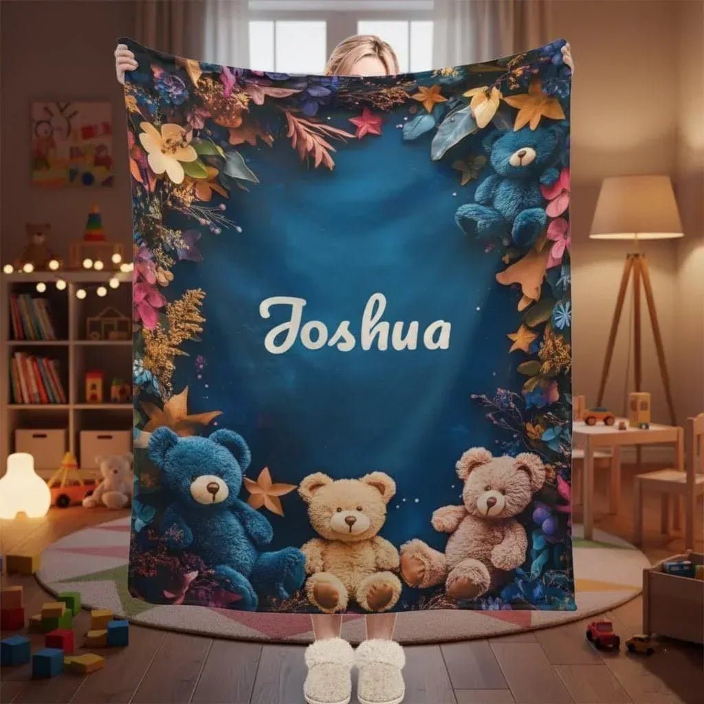Personalized Teddy Bear Plush Blanket: Soft Flannel Fleece, Autumn Leaves, Custom Name Gift