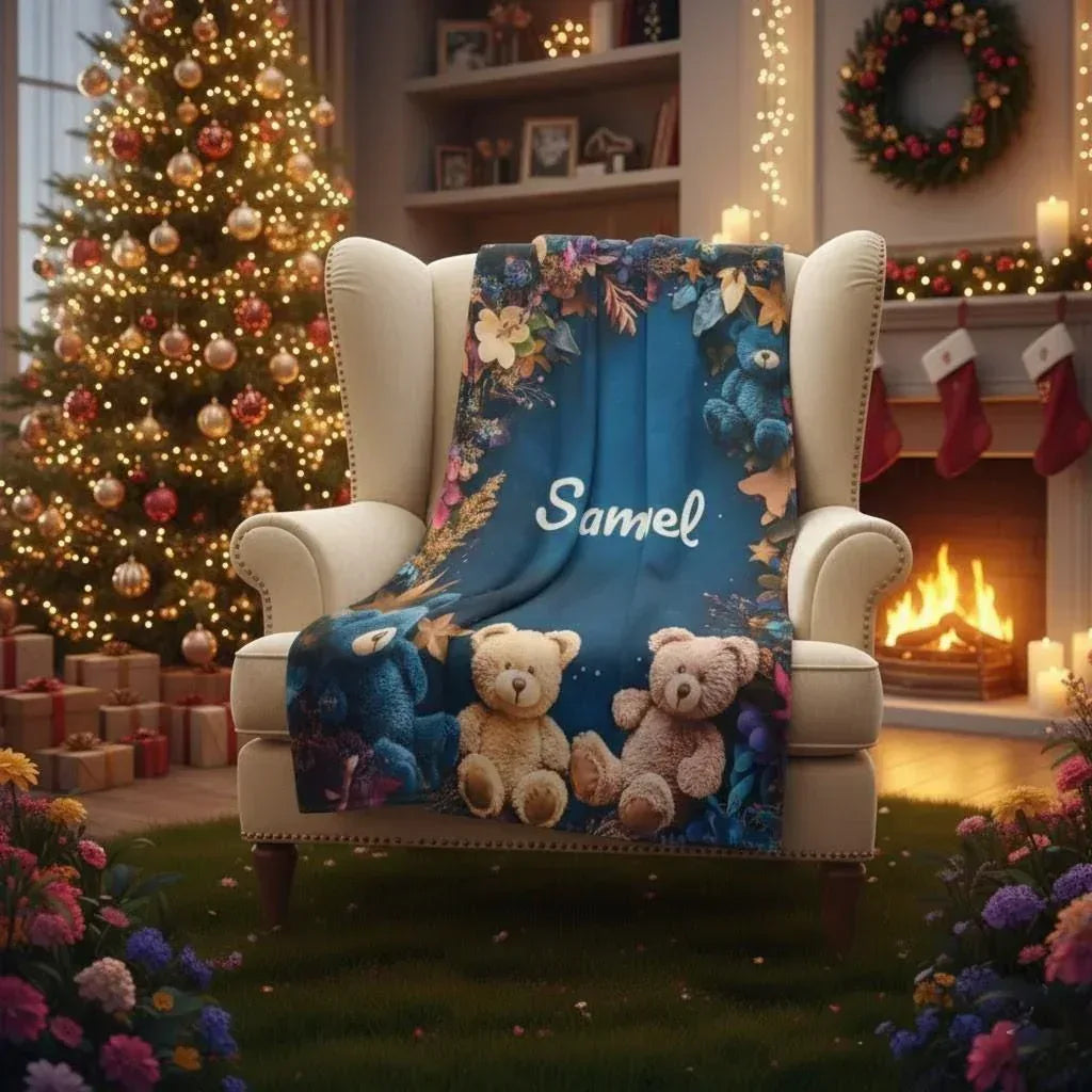Personalized Teddy Bear Plush Blanket: Soft Flannel Fleece, Autumn Leaves, Custom Name Gift