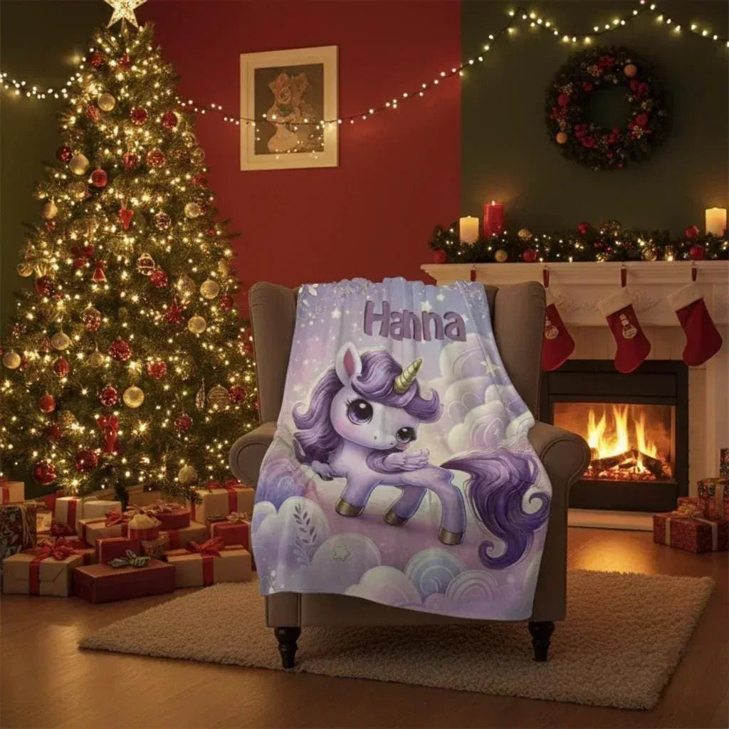 Personalized Unicorn Blanket: Enchanted Purple Fantasy Throw, Flannel Fleece Name Gift