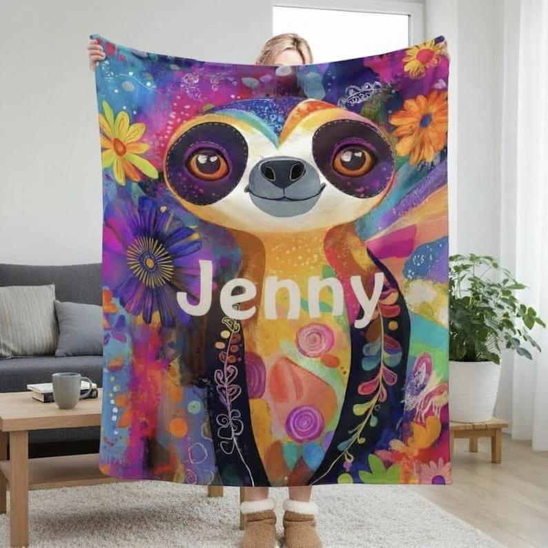 Customizable Sloth Blanket: Tropical Floral Art Flannel Throw