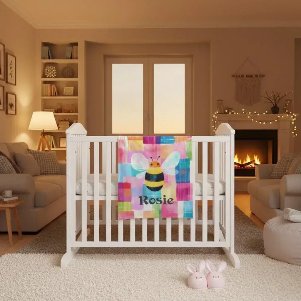 Personalized Bee Blanket: Patchwork Nursery Fleece Throw