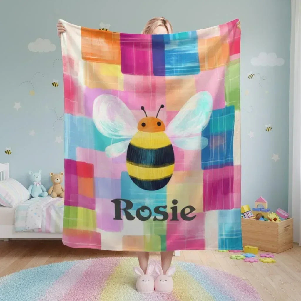 Personalized Bee Blanket: Patchwork Nursery Fleece Throw