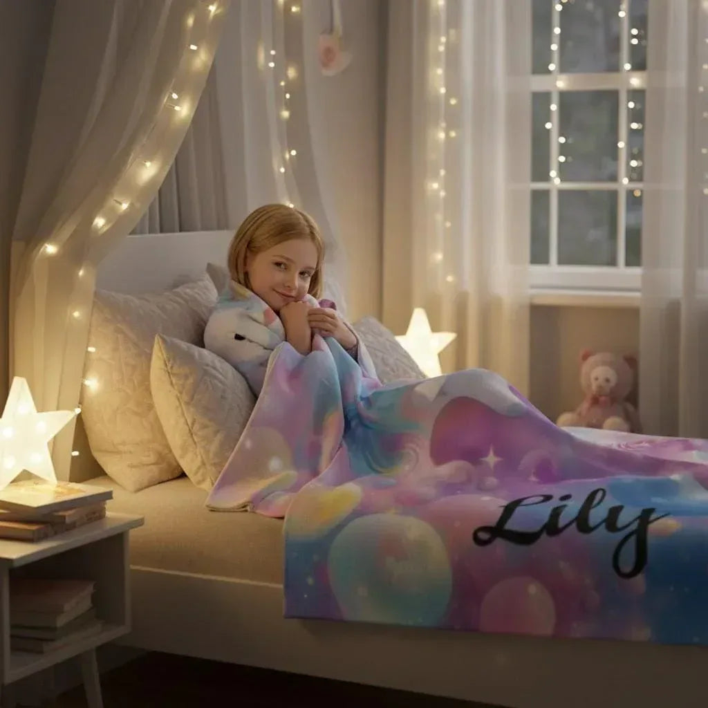 Personalized Kitty& Unicorn Fleece Blanket: Custom Name Throw, Soft Flannel