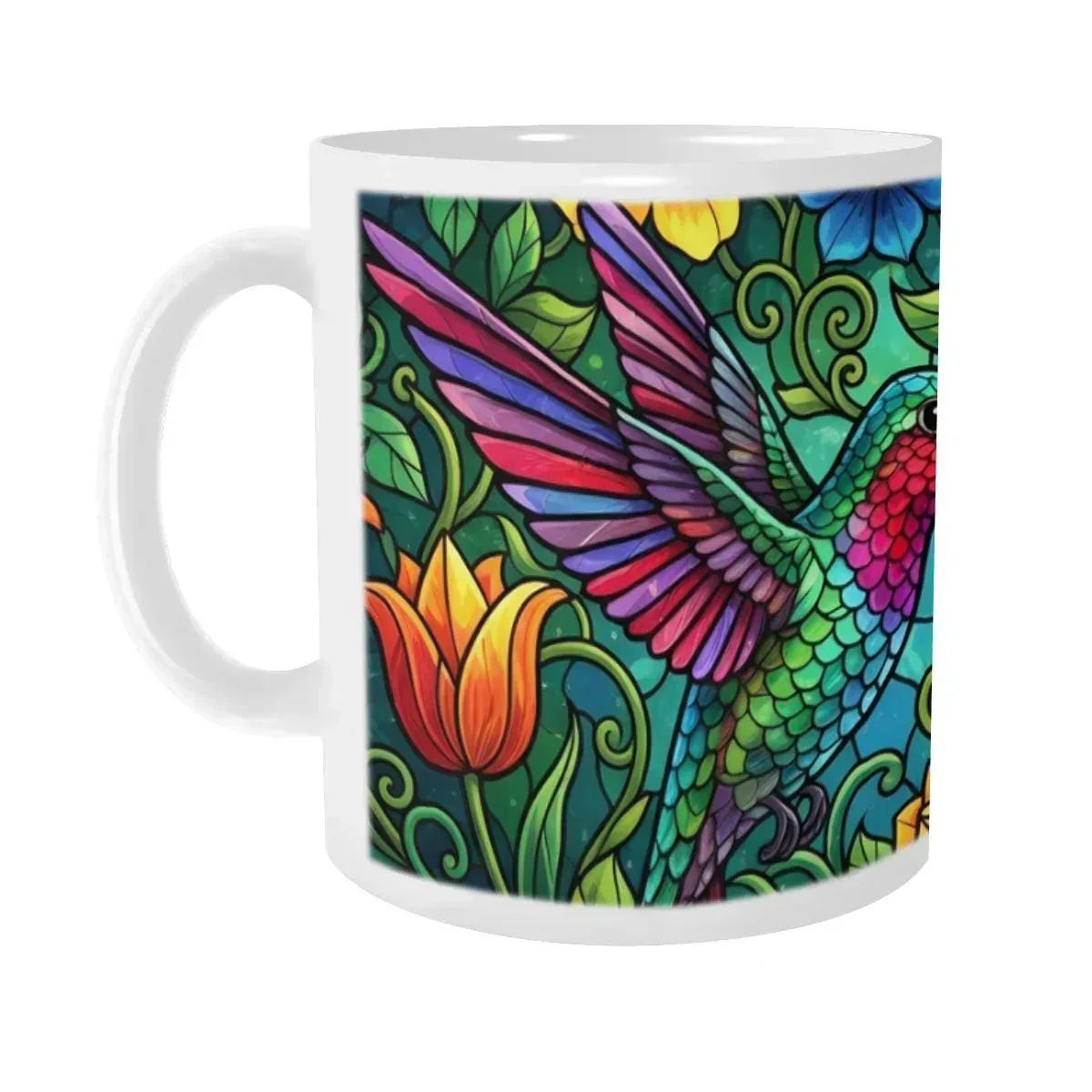 Hummingbird Colorful Mug: Stained Glass Design, Hot Chocolate, Coffee Mug, Tea Cup