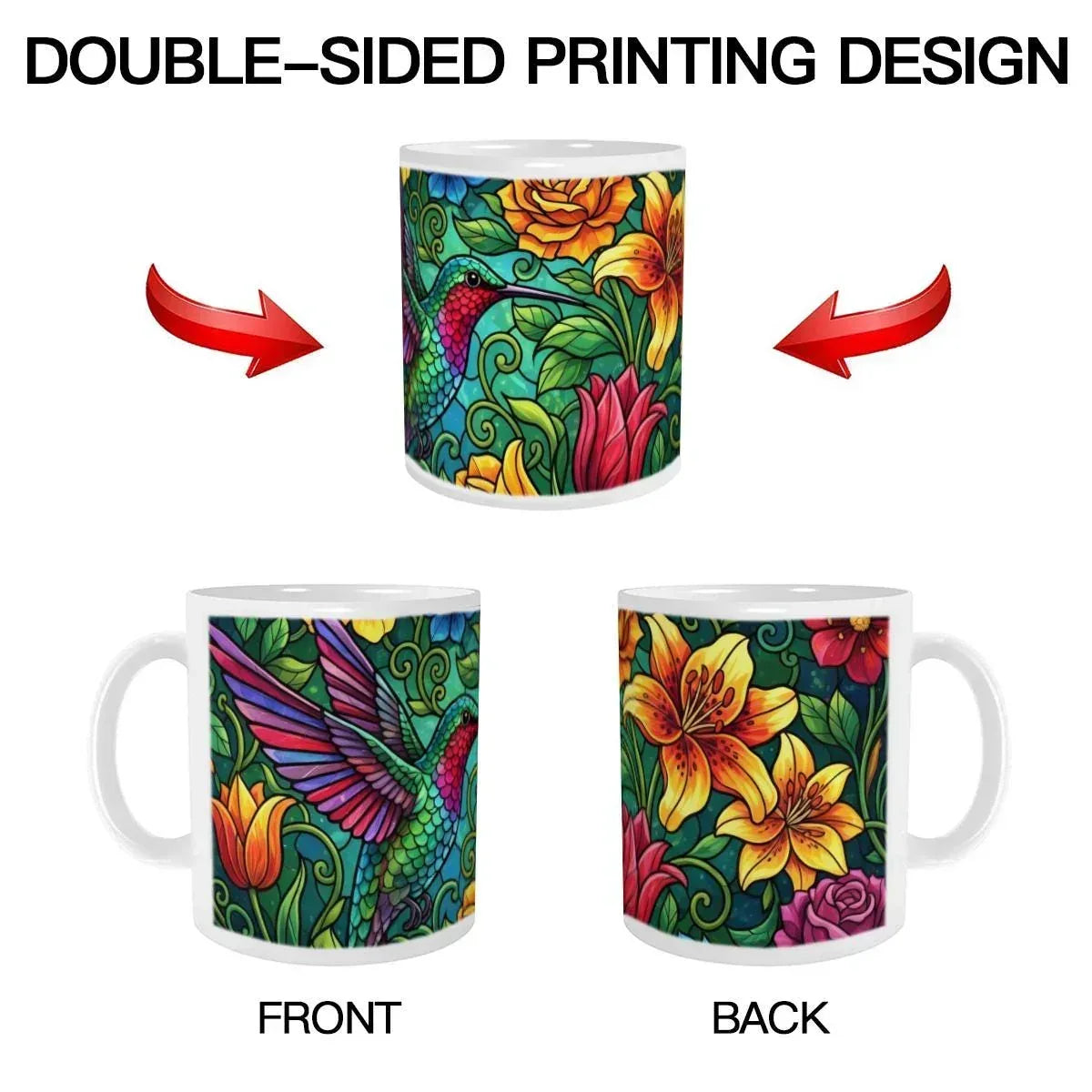 Hummingbird Colorful Mug: Stained Glass Design, Hot Chocolate, Coffee Mug, Tea Cup