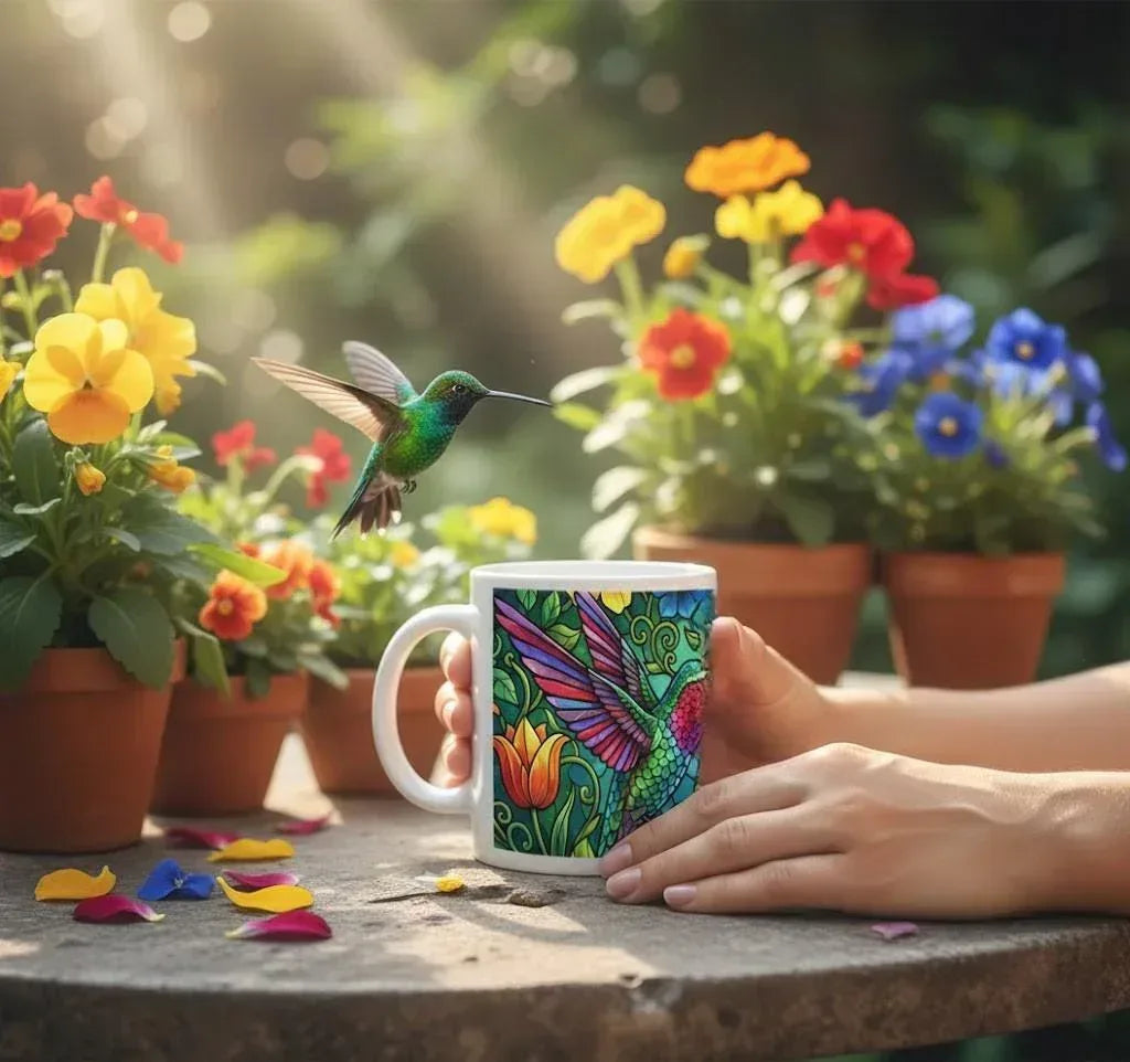 Hummingbird Colorful Mug: Stained Glass Design, Hot Chocolate, Coffee Mug, Tea Cup