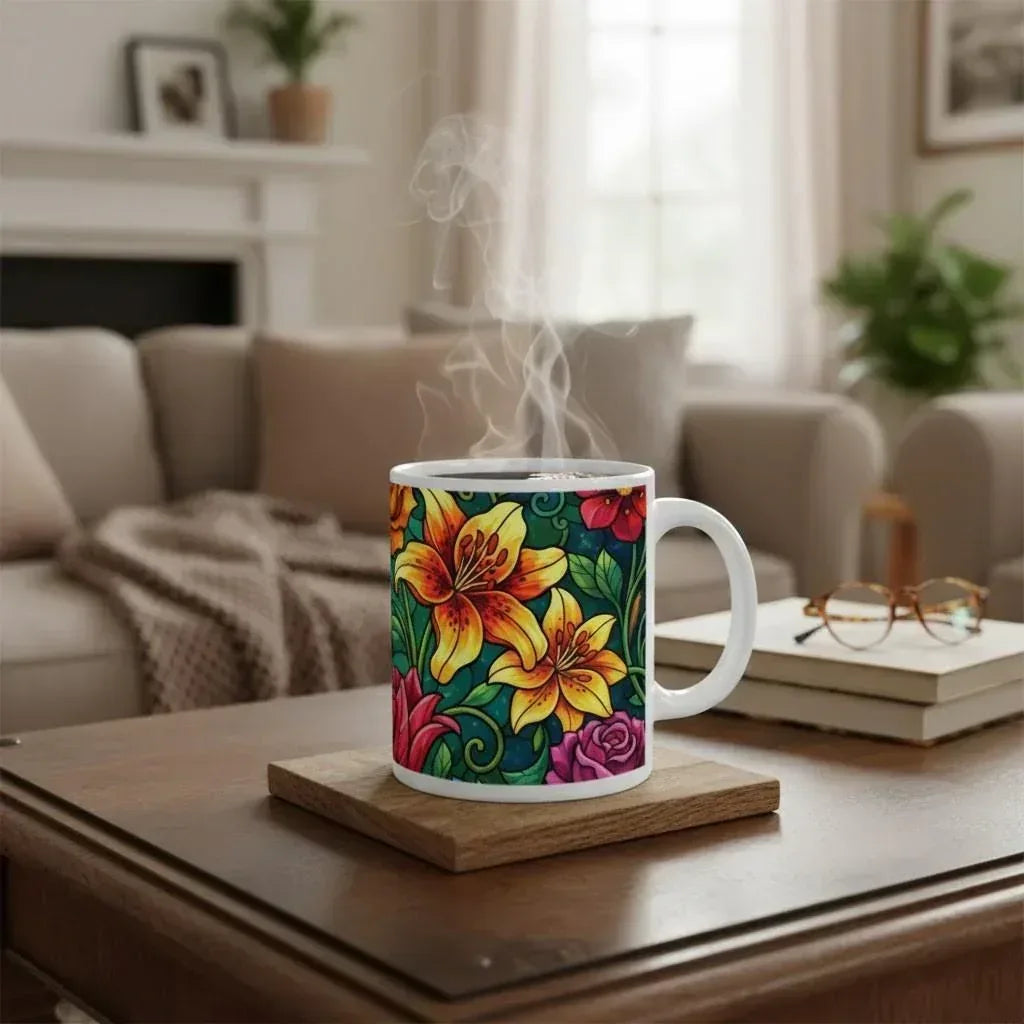 Hummingbird Colorful Mug: Stained Glass Design, Hot Chocolate, Coffee Mug, Tea Cup