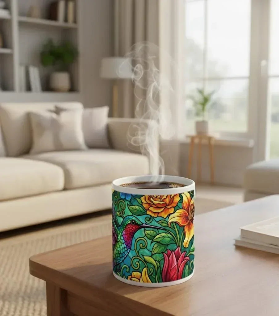 Hummingbird Colorful Mug: Stained Glass Design, Hot Chocolate, Coffee Mug, Tea Cup