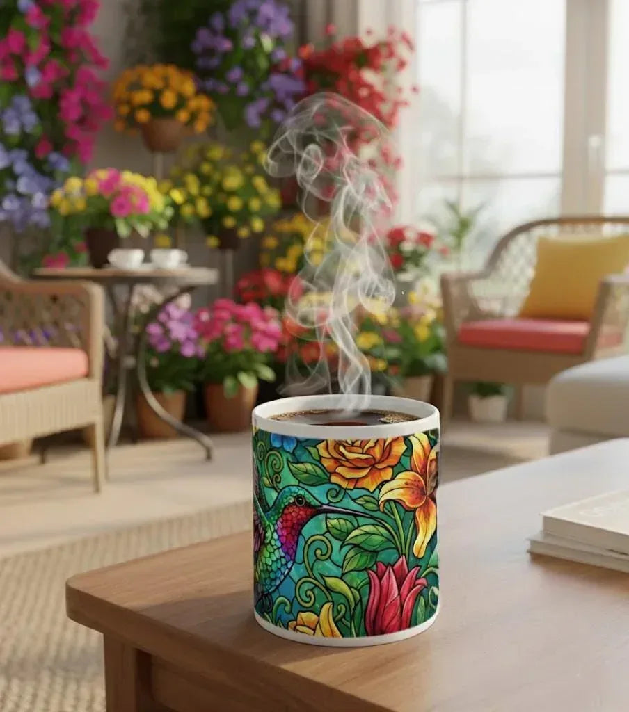 Hummingbird Colorful Mug: Stained Glass Design, Hot Chocolate, Coffee Mug, Tea Cup