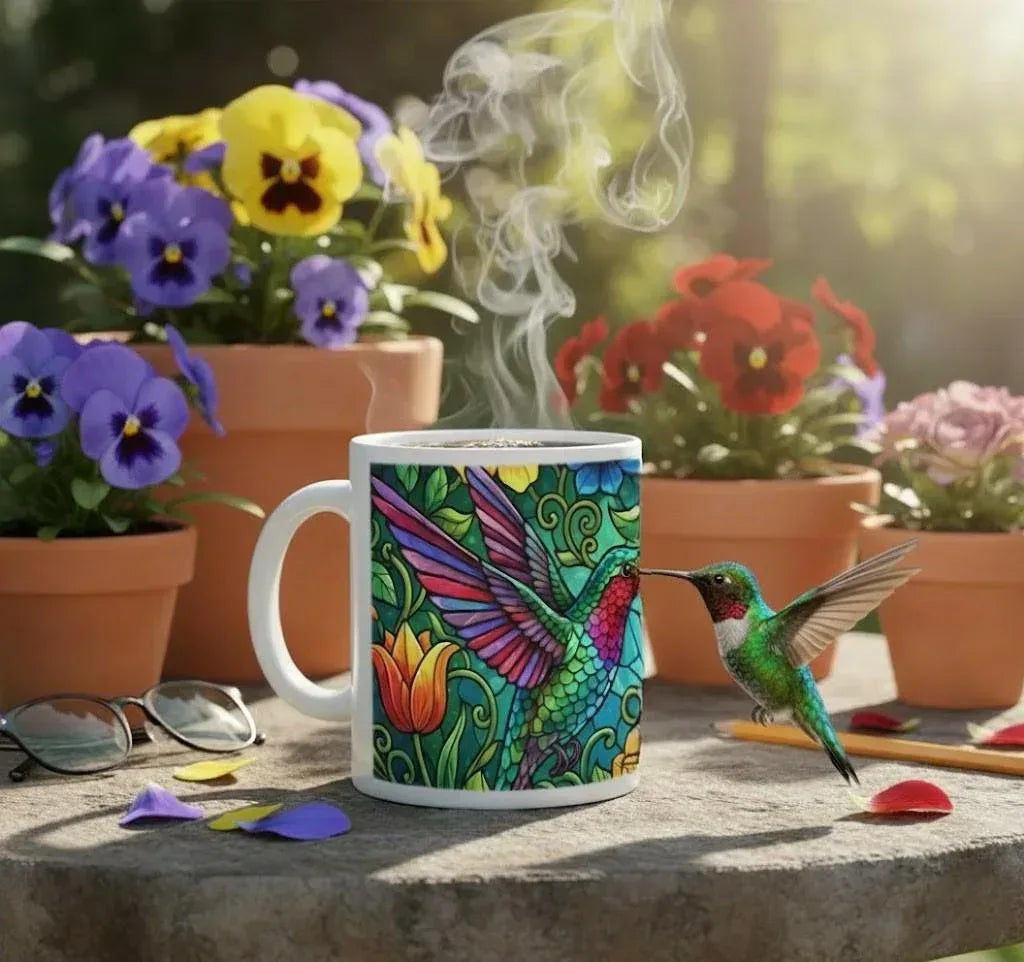 Hummingbird Colorful Mug: Stained Glass Design, Hot Chocolate, Coffee Mug, Tea Cup