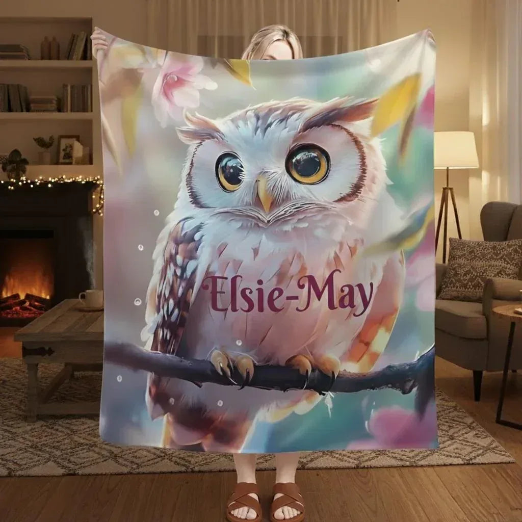 Personalized Owl Blanket: Magical Floral Fleece Throw, Soft Name Gift