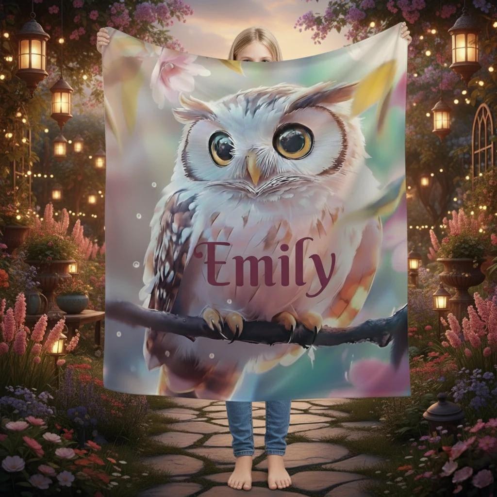 Personalized Owl Blanket: Magical Floral Fleece Throw, Soft Name Gift