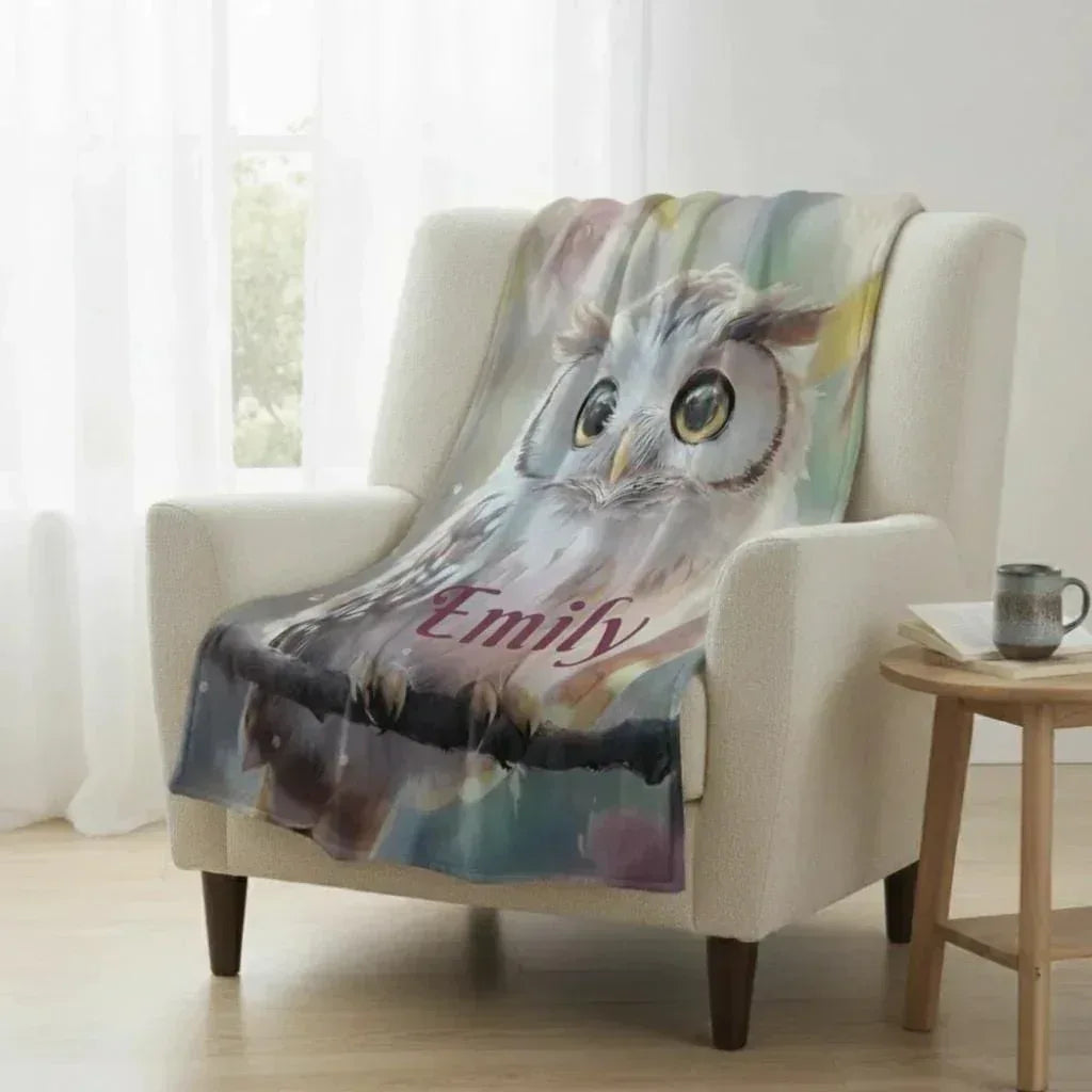 Personalized Owl Blanket: Magical Floral Fleece Throw, Soft Name Gift