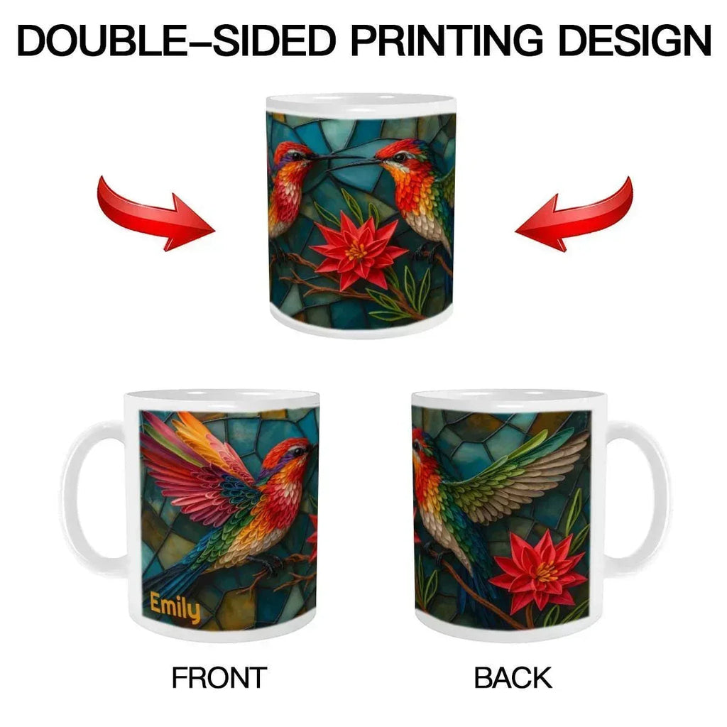 Personalized Stained Glass Hummingbird Coffee Mug: Bohemian Ceramic Tea Cup - Gift with Name
