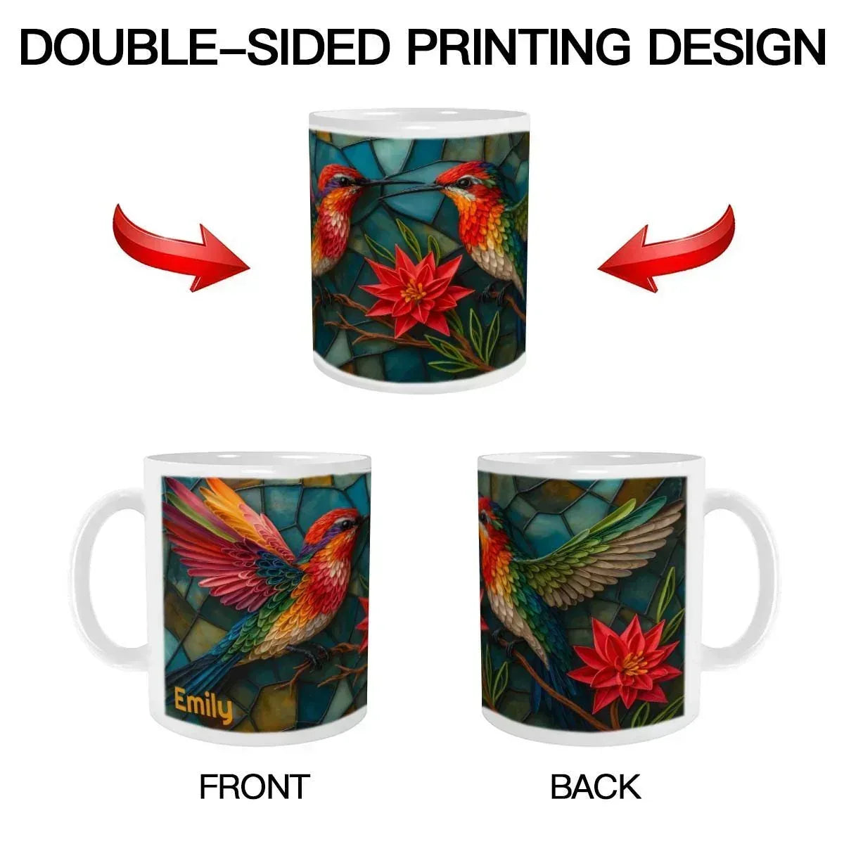 Personalized Stained Glass Hummingbird Coffee Mug: Bohemian Ceramic Tea Cup - Gift with Name