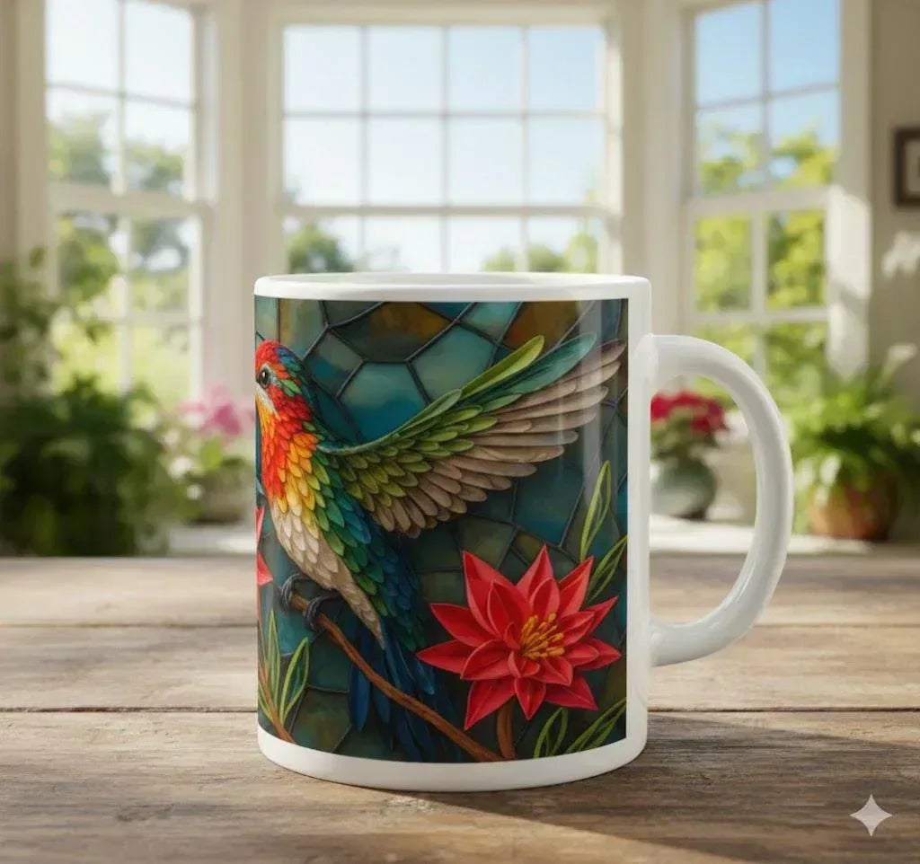 Personalized Stained Glass Hummingbird Coffee Mug: Bohemian Ceramic Tea Cup - Gift with Name