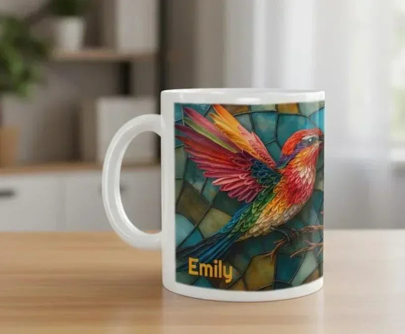 Personalized Stained Glass Hummingbird Coffee Mug: Bohemian Ceramic Tea Cup - Gift with Name
