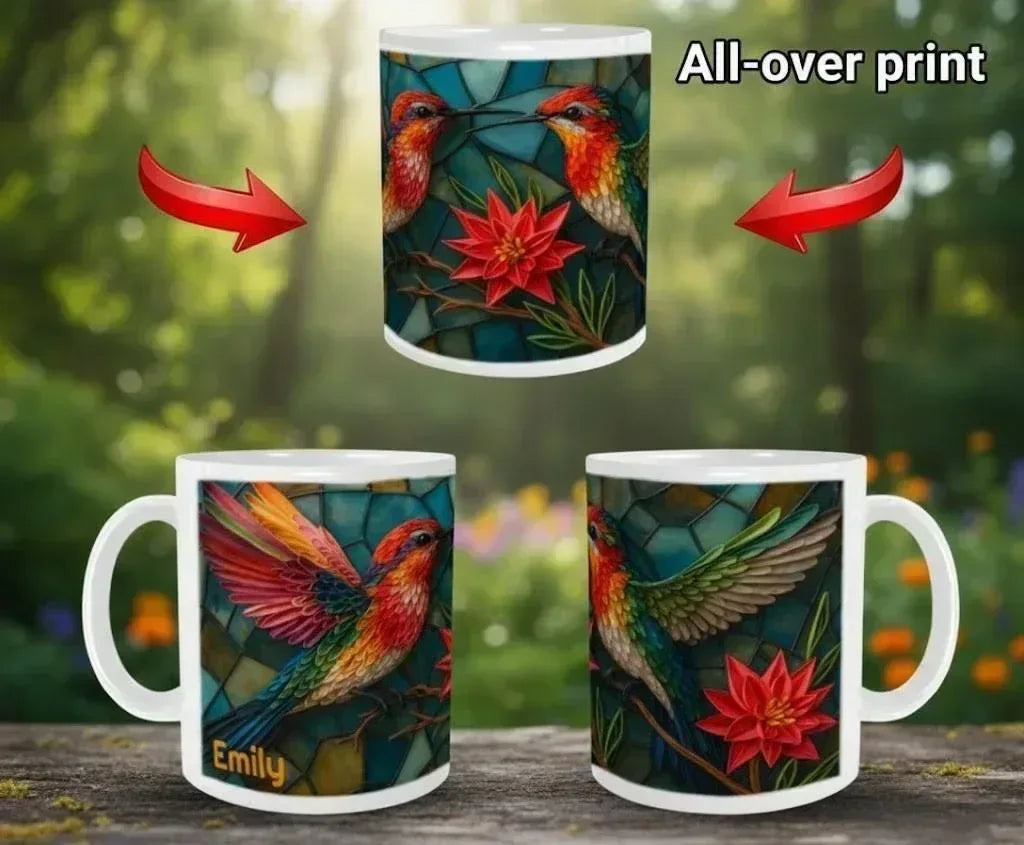 Personalized Stained Glass Hummingbird Coffee Mug: Bohemian Ceramic Tea Cup - Gift with Name