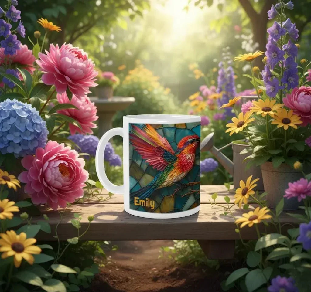 Personalized Stained Glass Hummingbird Coffee Mug: Bohemian Ceramic Tea Cup - Gift with Name