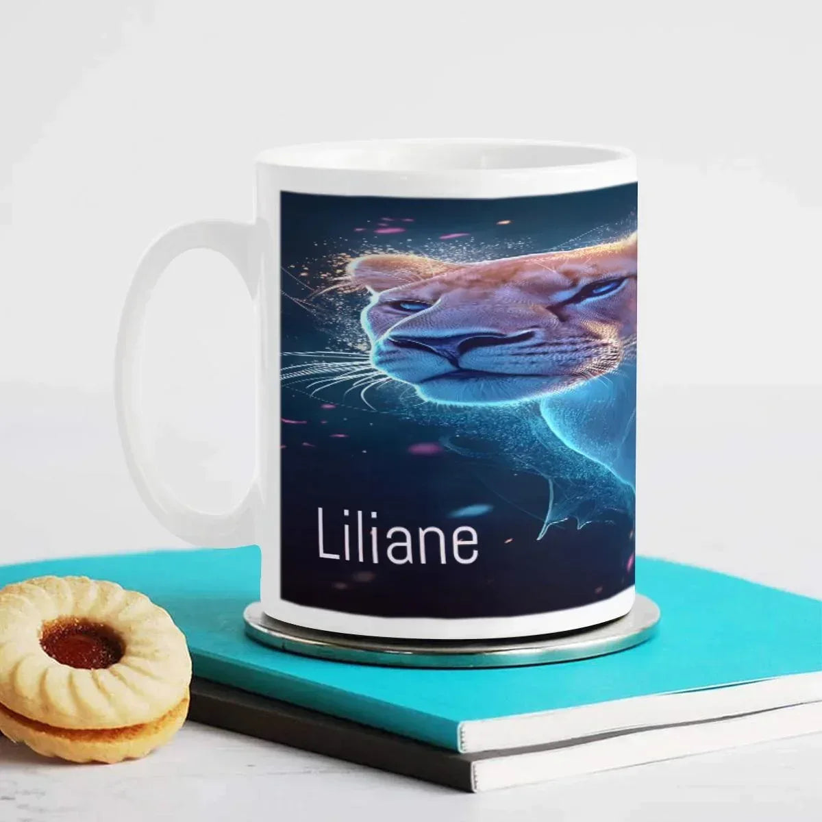 Personalized Custom Name Coffee Mug | Lion Hot Chocolate Gift | Nebula Predator Cat Tea Cup