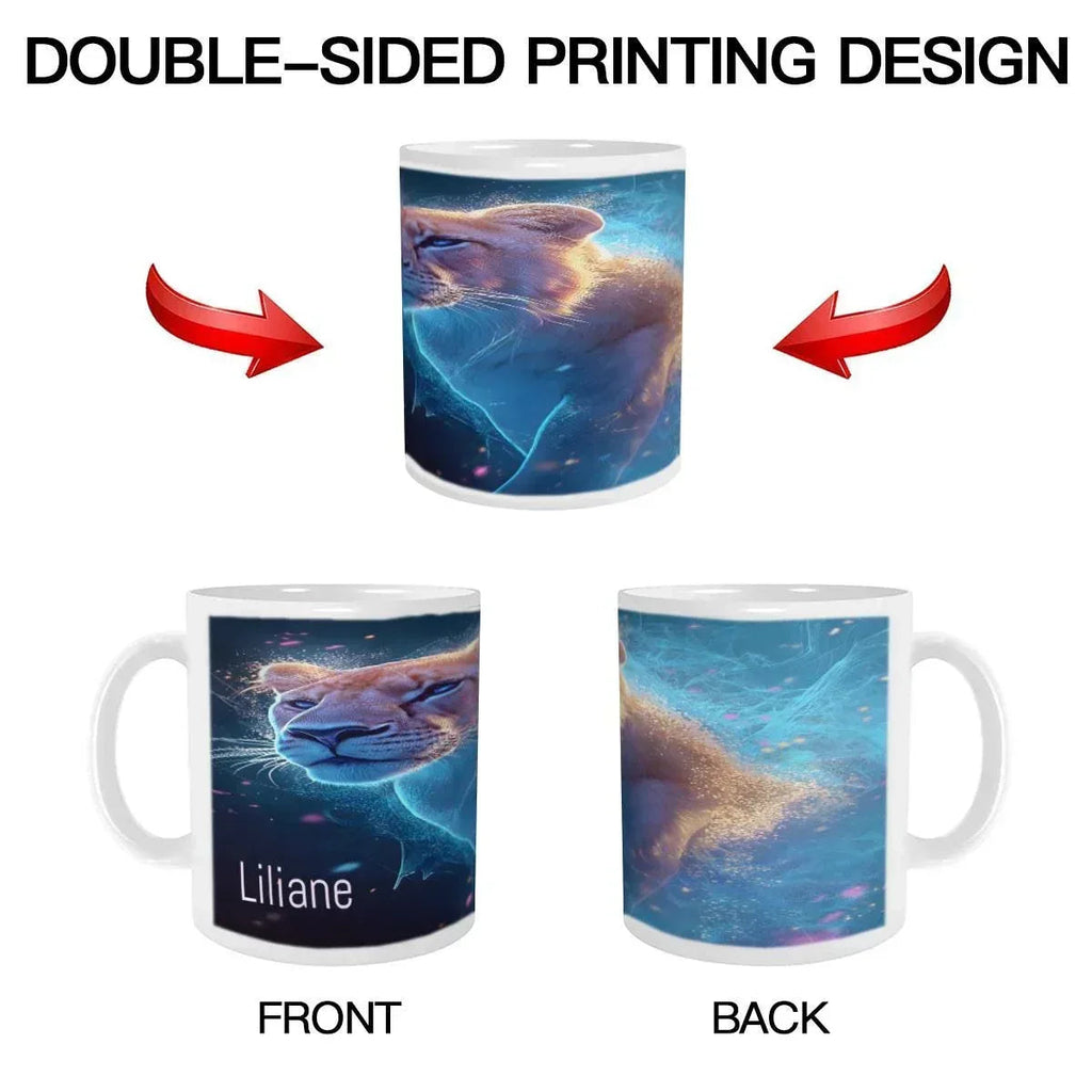 Personalized Custom Name Coffee Mug | Lion Hot Chocolate Gift | Nebula Predator Cat Tea Cup