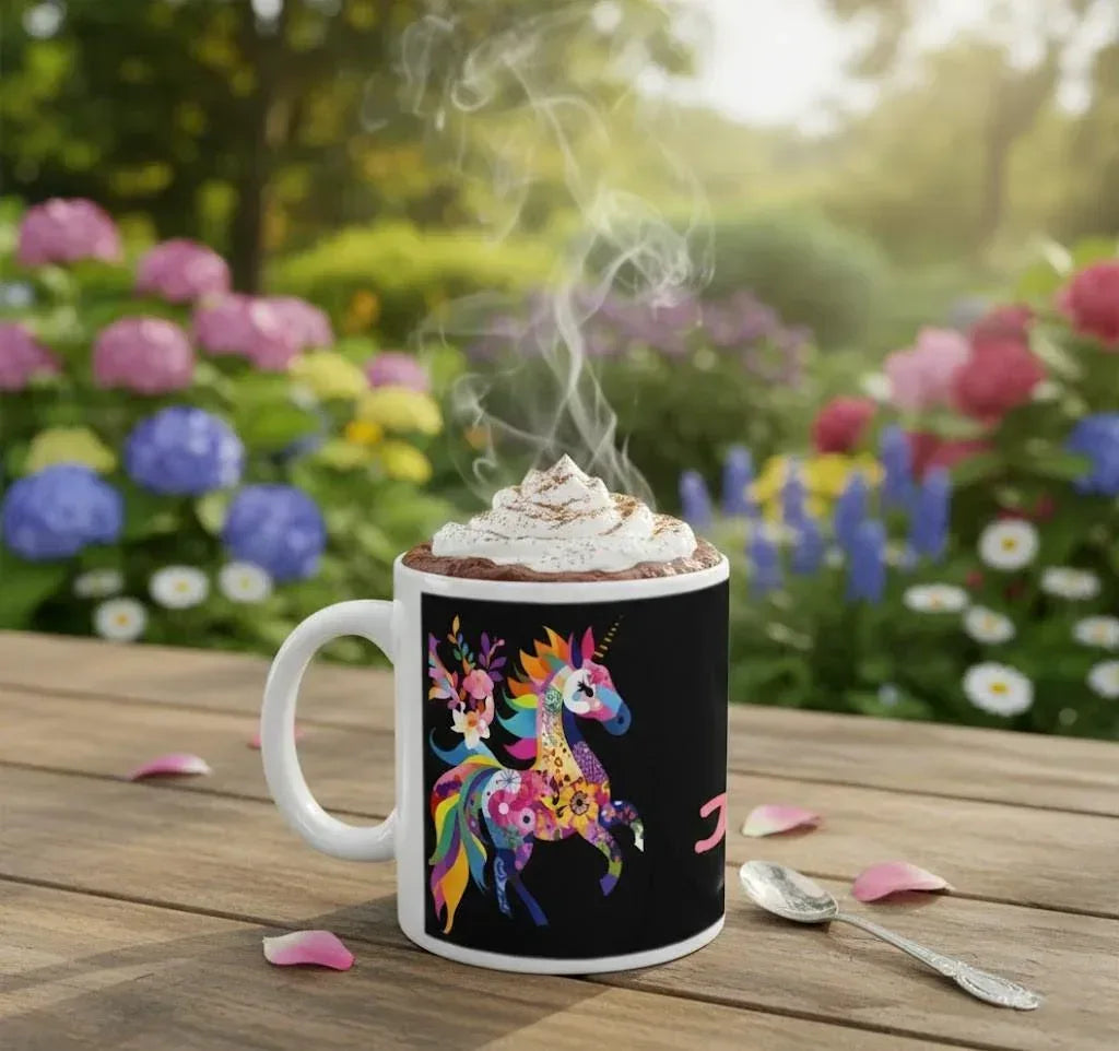 Personalized Unicorn Magic Mug - Name Design - Hot Chocolate, Coffee, Tea Cup - Black & Pink Gift
