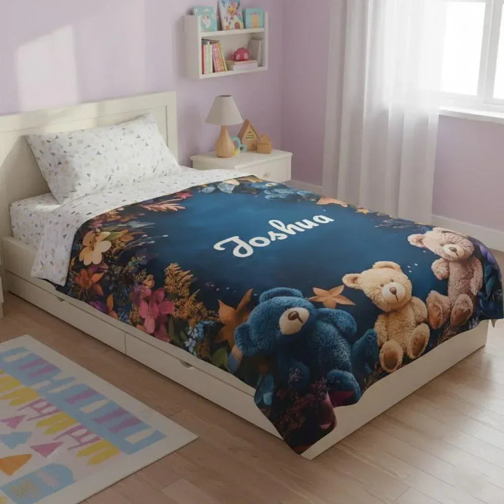 Personalized Teddy Bear Plush Blanket: Soft Flannel Fleece, Autumn Leaves, Custom Name Gift