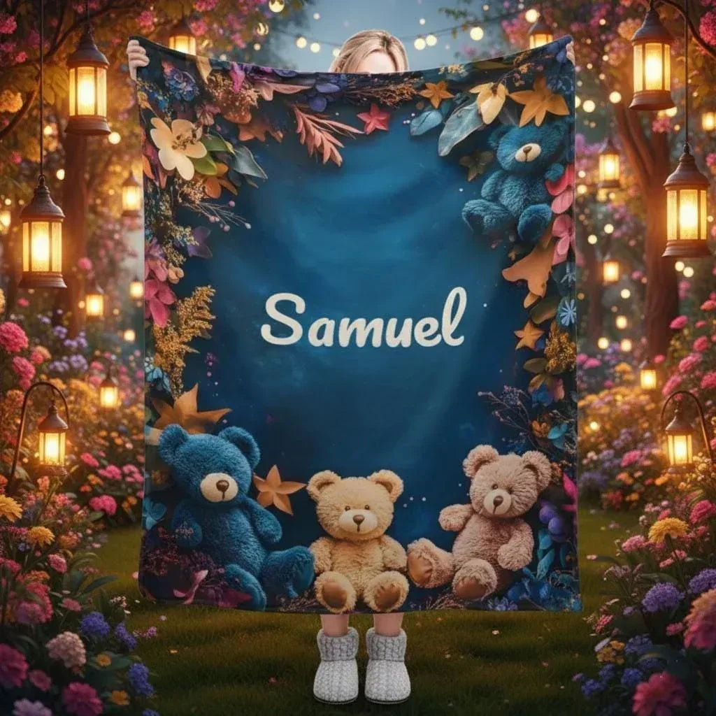 Personalized Teddy Bear Plush Blanket: Soft Flannel Fleece, Autumn Leaves, Custom Name Gift