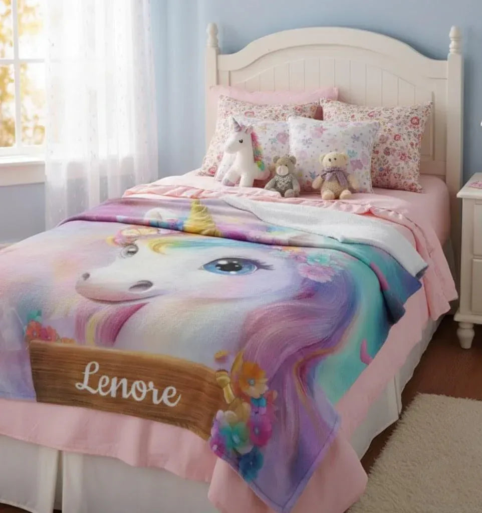 Personalized Unicorn Blanket: Rainbow Pink White Bedroom - Soft Flannel Fleece Throw, Name Gift