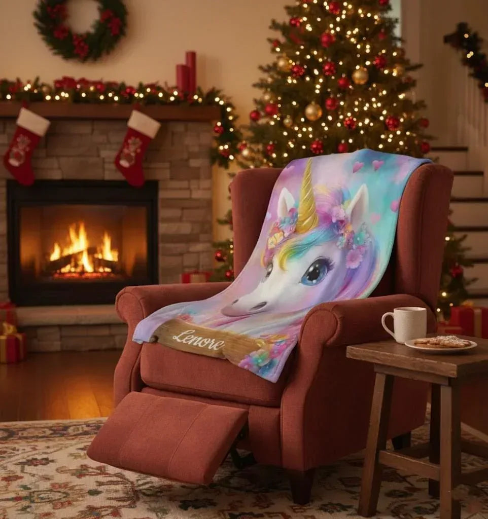 Personalized Unicorn Blanket: Rainbow Pink White Bedroom - Soft Flannel Fleece Throw, Name Gift