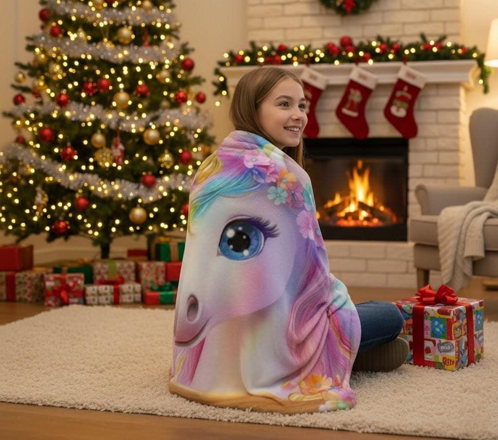 Personalized Unicorn Blanket: Rainbow Pink White Bedroom - Soft Flannel Fleece Throw, Name Gift