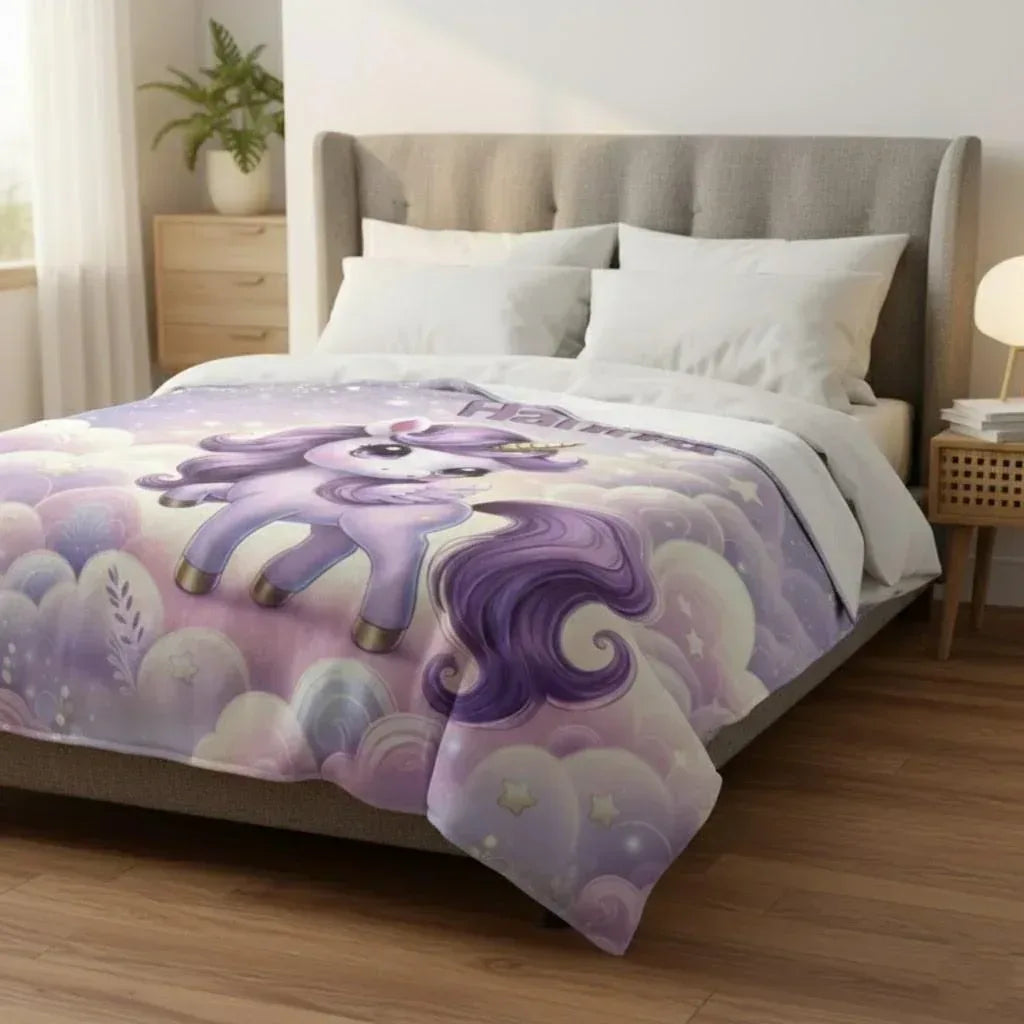 Personalized Unicorn Blanket: Enchanted Purple Fantasy Throw, Flannel Fleece Name Gift